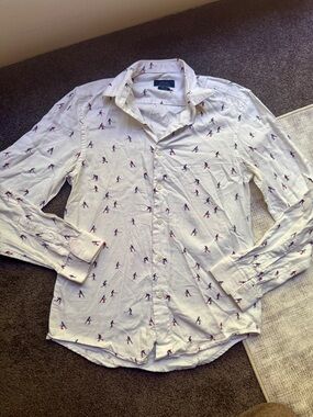Zara Man Slim Fit Sports Graphic Print Button-Up Shirt White Long Sleeve Size S